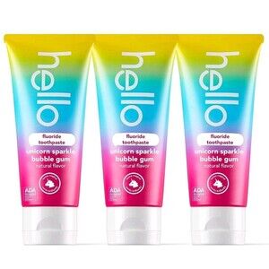 3X Hello Unicorn Sparkle Kids Fluoride Toothpaste Natural Bubble Gum Flavor New